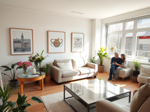 a man and woman sitting on a couch in a living room